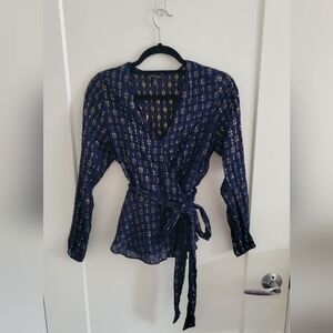 Aida Jacquard Wrap Top - Banana Republic, Navy and Gold, Medium Tall